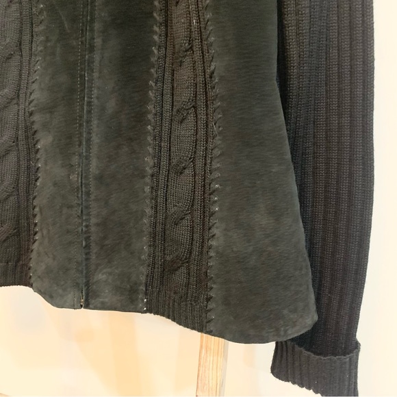 Coldwater Creek Black Suede Leather Sweater Cable Knit Zip Up Jacket Size L - Picture 5 of 13